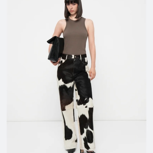 2nd day Pants - 2nd day Cow print leather Straight Leg Patchwork Pants - Black & White